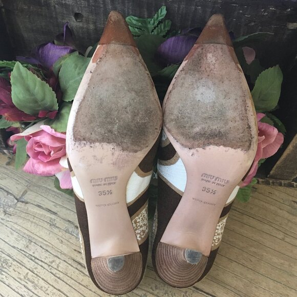 Miu Miu Gold Brown and Green Fabric High Heels Size 35 1/2 (but fit like size 6) - Picture 9 of 10